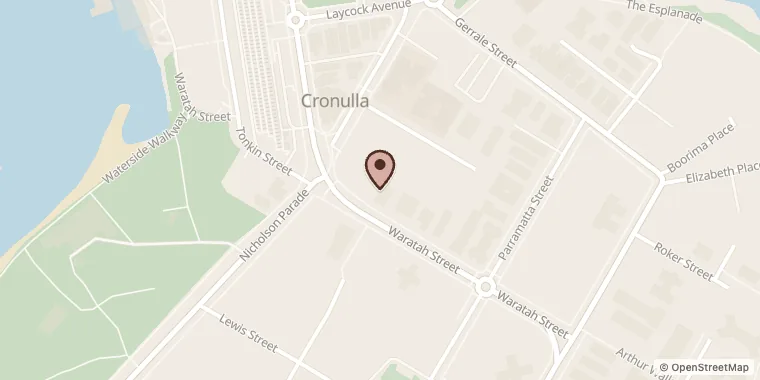 Street map showing Lola Jô Cakes at 15 Waratah St, Cronulla